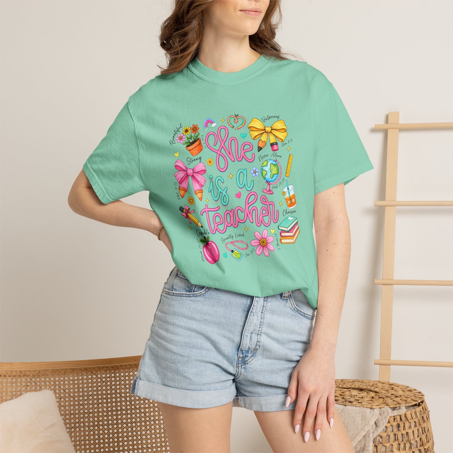 Teacher T-Shirt — "She is a Teacher" Cute School Supplies Design