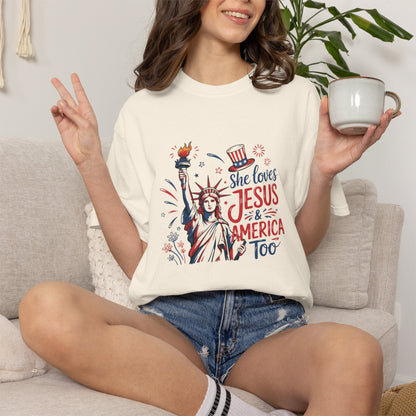 She Loves Jesus & America Tee — Patriotic Statue of Liberty Christian T-Shirt