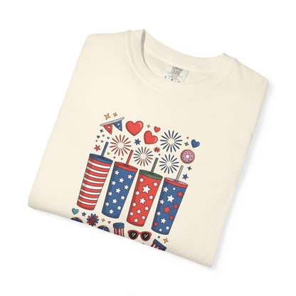 Patriotic Fireworks Cups T-Shirt — USA 4th of July Graphic Tee