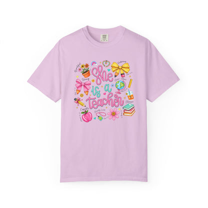 Teacher T-Shirt — "She is a Teacher" Cute School Supplies Design