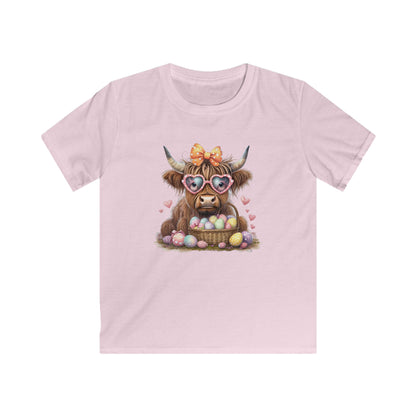 Kids Tee — Cute Highland Cow with Heart Sunglasses & Easter Basket