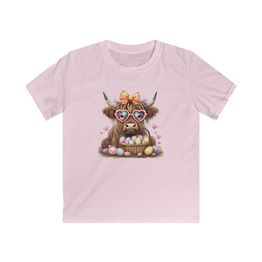 Kids Tee — Cute Highland Cow with Heart Sunglasses & Easter Basket