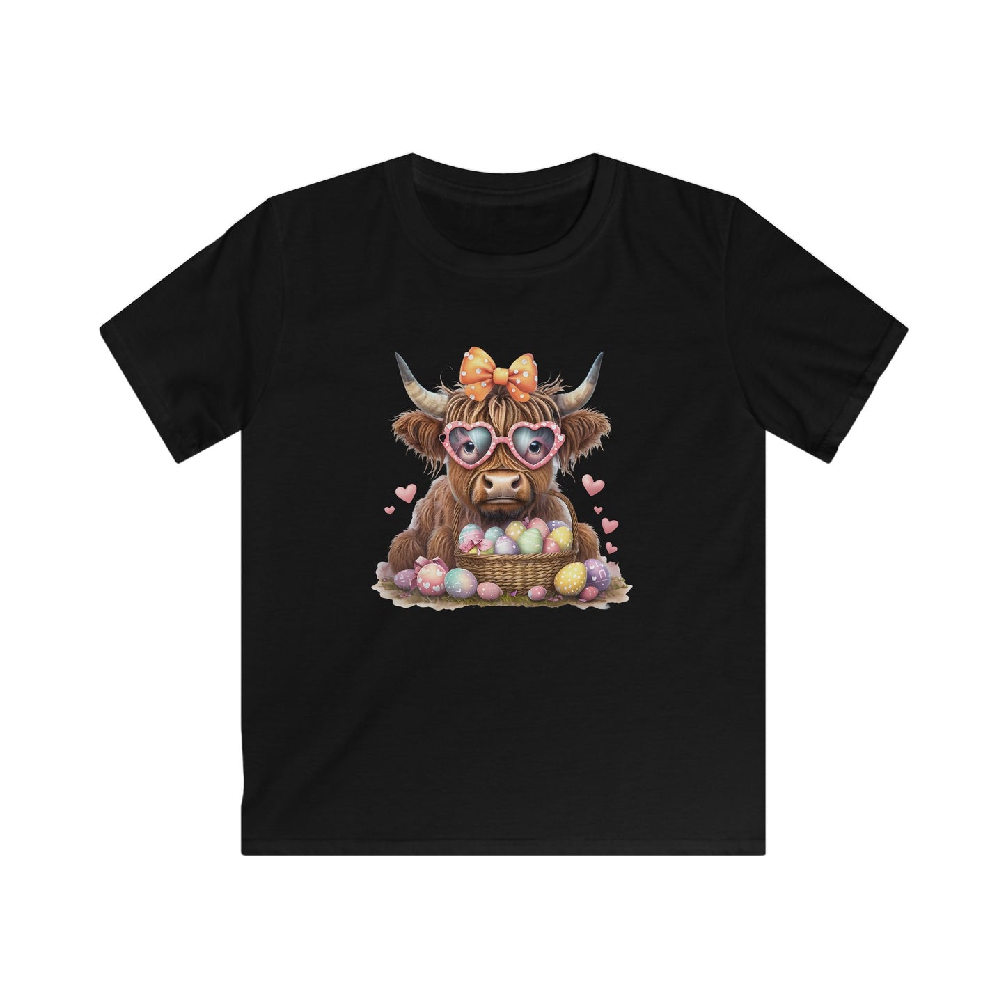 Kids Tee — Cute Highland Cow with Heart Sunglasses & Easter Basket