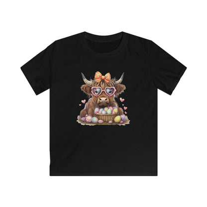 Kids Tee — Cute Highland Cow with Heart Sunglasses & Easter Basket