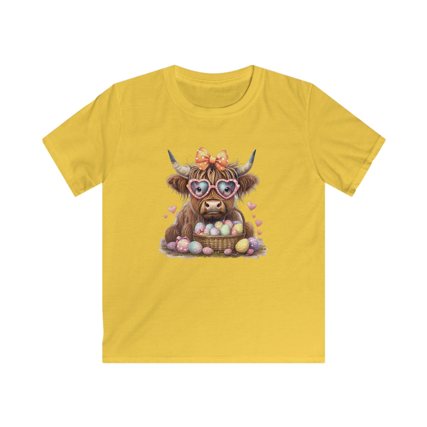 Kids Tee — Cute Highland Cow with Heart Sunglasses & Easter Basket