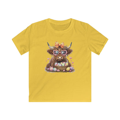 Kids Tee — Cute Highland Cow with Heart Sunglasses & Easter Basket