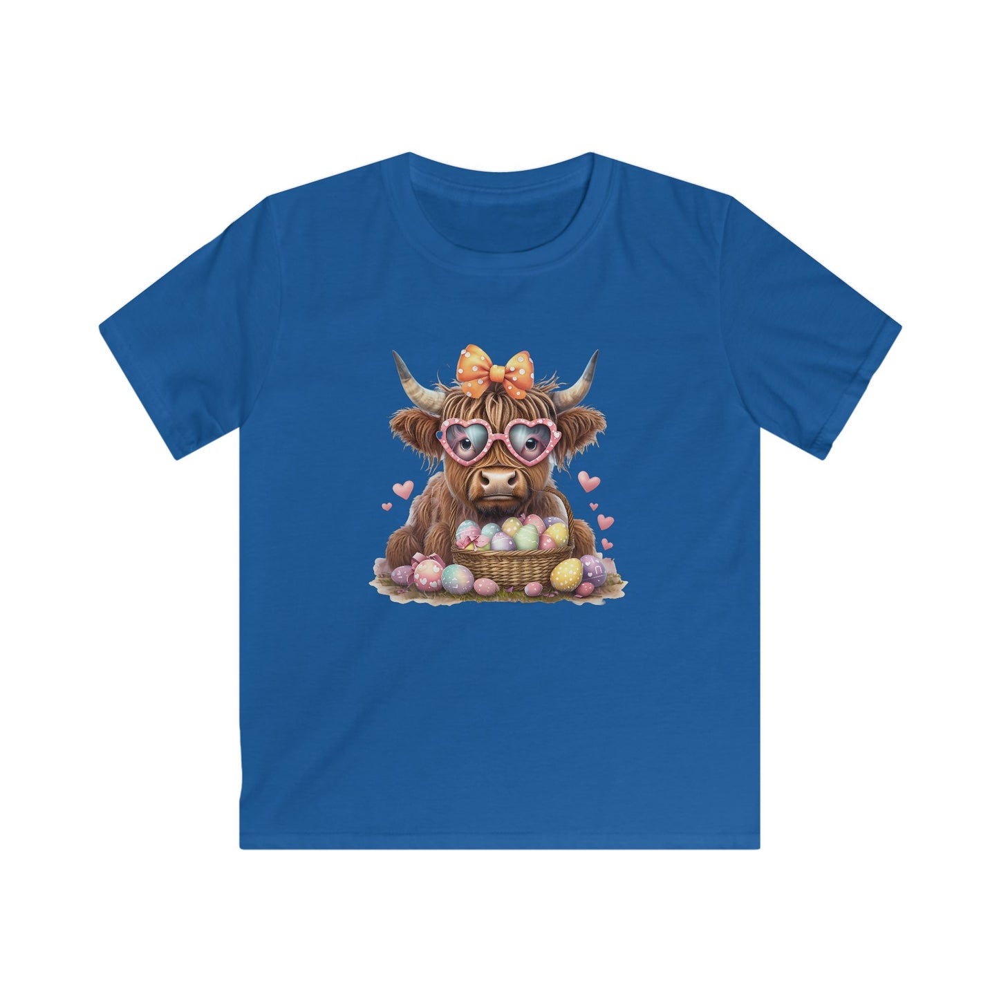 Kids Tee — Cute Highland Cow with Heart Sunglasses & Easter Basket
