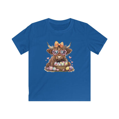 Kids Tee — Cute Highland Cow with Heart Sunglasses & Easter Basket