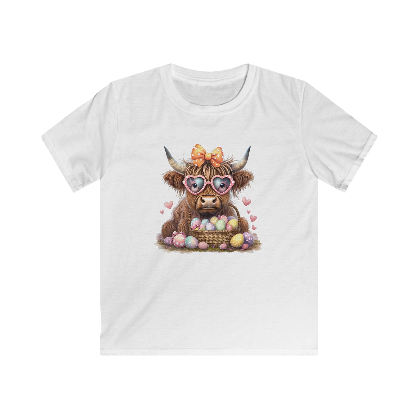 Kids Tee — Cute Highland Cow with Heart Sunglasses & Easter Basket