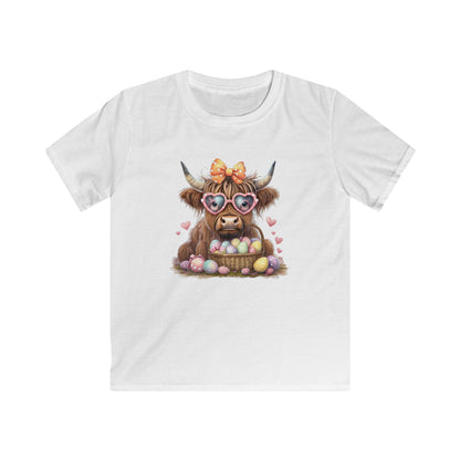 Kids Tee — Cute Highland Cow with Heart Sunglasses & Easter Basket