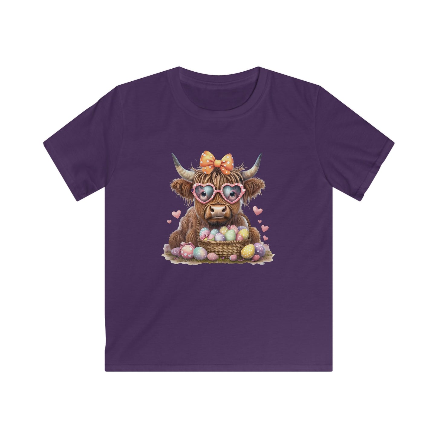 Kids Tee — Cute Highland Cow with Heart Sunglasses & Easter Basket