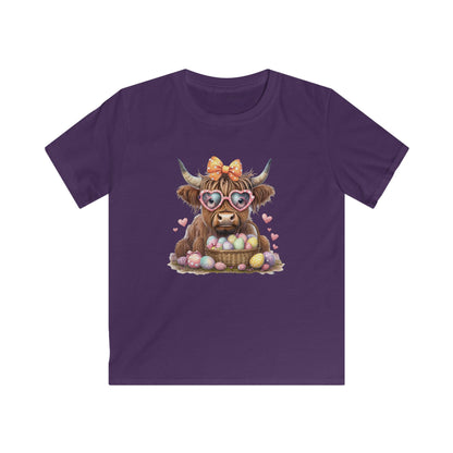 Kids Tee — Cute Highland Cow with Heart Sunglasses & Easter Basket