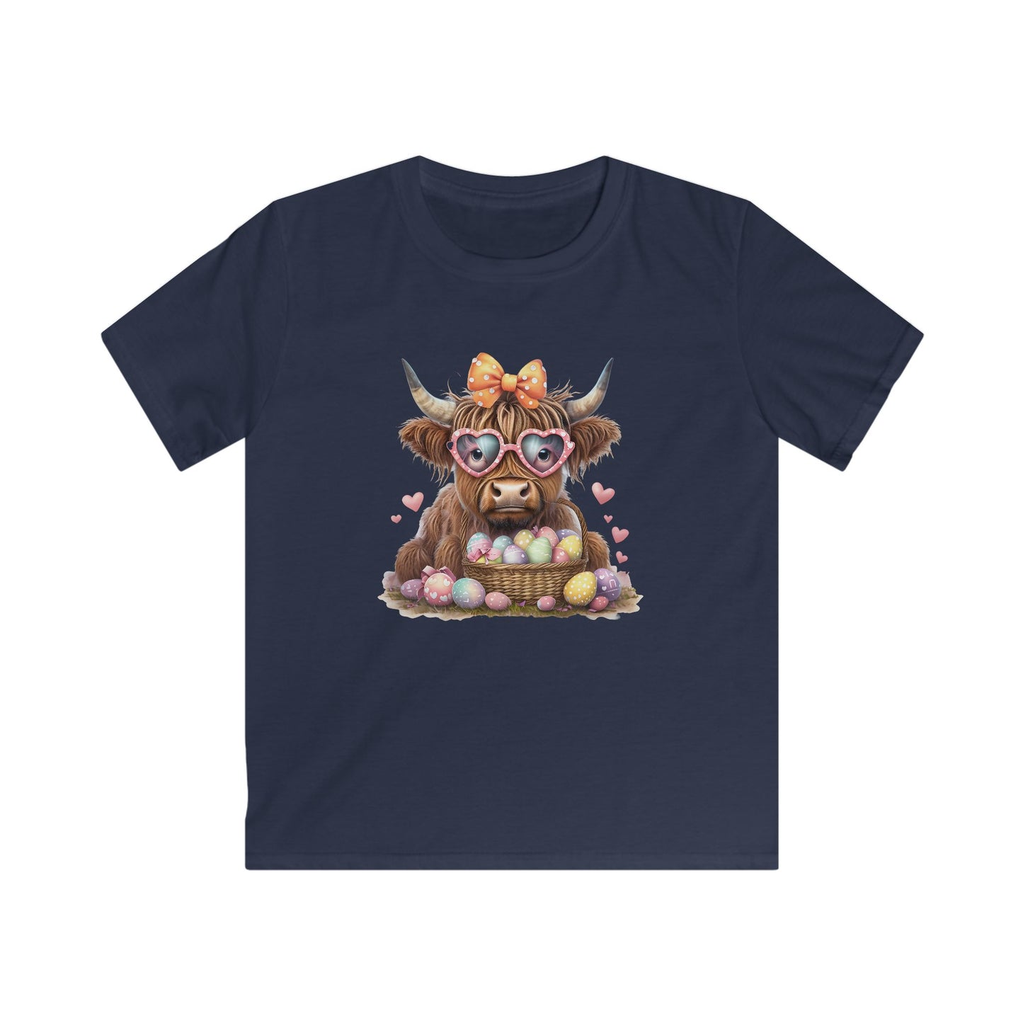 Kids Tee — Cute Highland Cow with Heart Sunglasses & Easter Basket