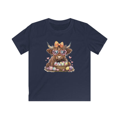 Kids Tee — Cute Highland Cow with Heart Sunglasses & Easter Basket