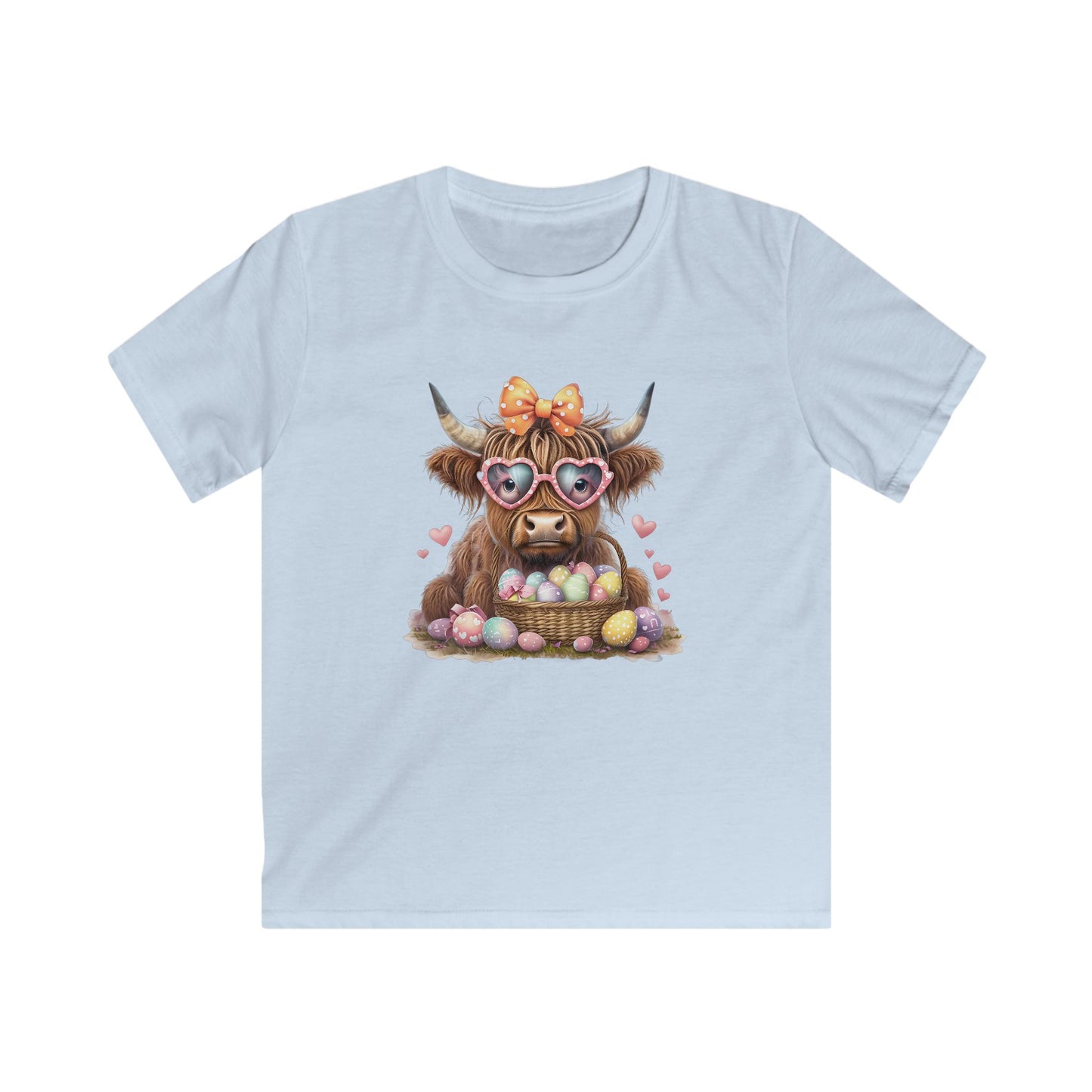 Kids Tee — Cute Highland Cow with Heart Sunglasses & Easter Basket