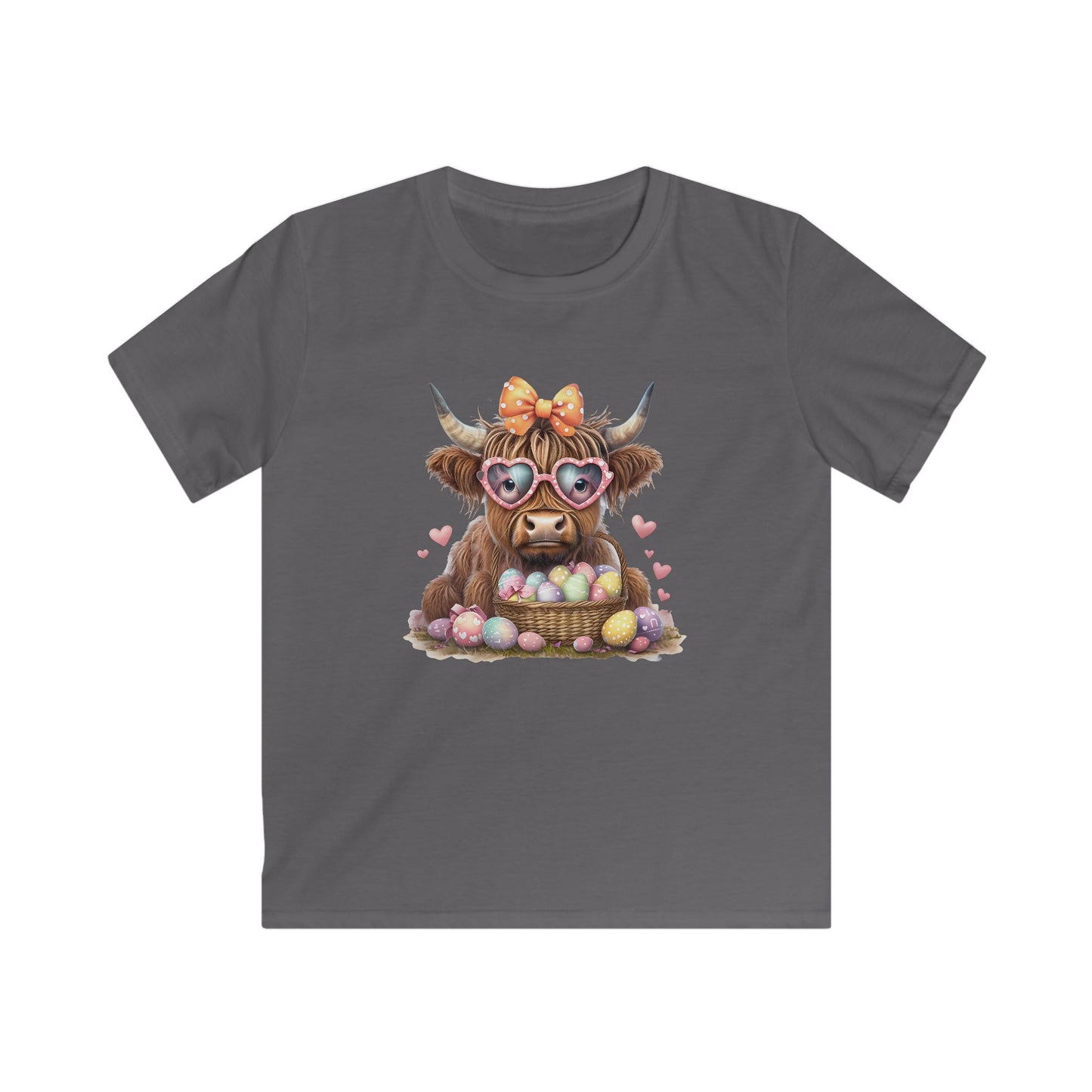Kids Tee — Cute Highland Cow with Heart Sunglasses & Easter Basket