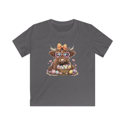 Kids Tee — Cute Highland Cow with Heart Sunglasses & Easter Basket