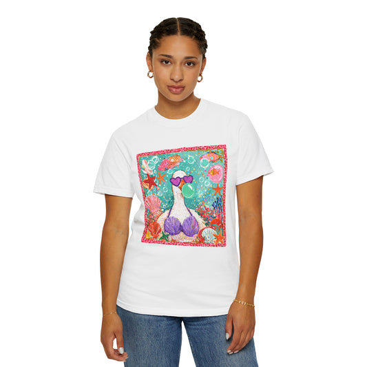 Sea Duck Mermaid T-Shirt — Whimsical Beach Graphic Tee with Sunglasses & Shell Bra