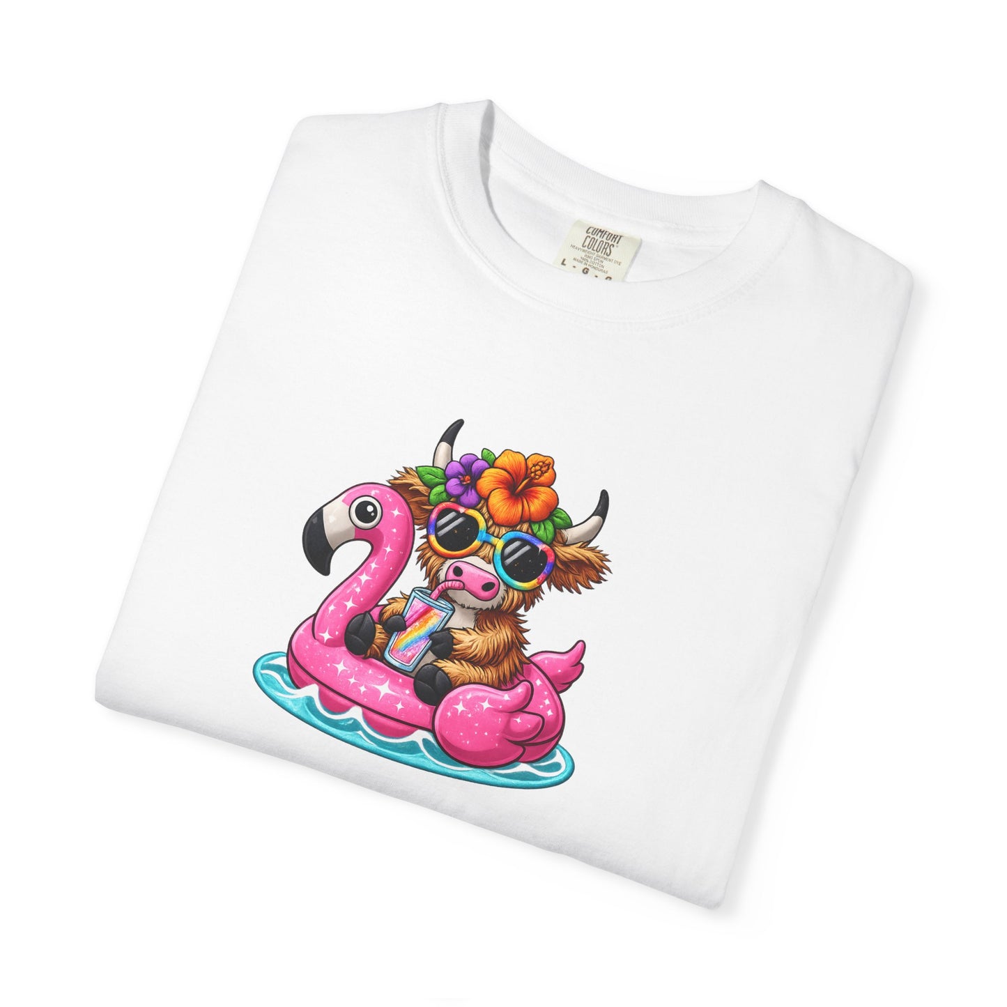 Cute cow on Pink Flamingo Float Graphic T-Shirt — Summer Pool Party Tee