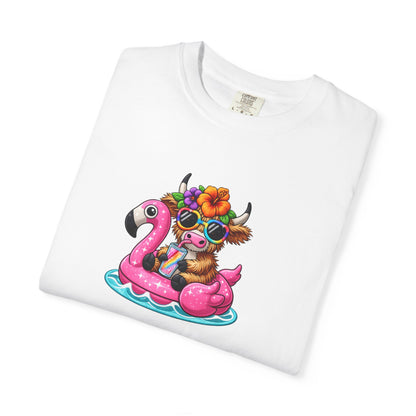 Cute cow on Pink Flamingo Float Graphic T-Shirt — Summer Pool Party Tee