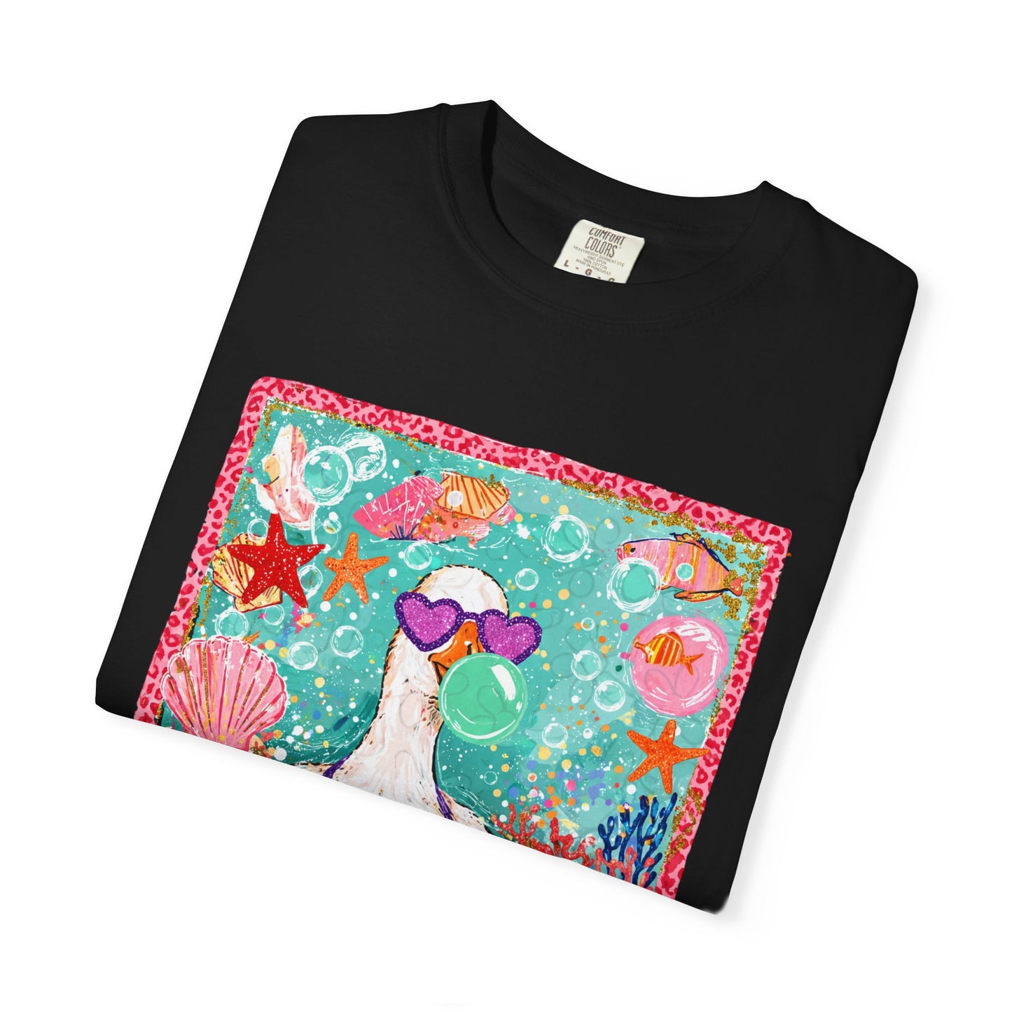Sea Duck Mermaid T-Shirt — Whimsical Beach Graphic Tee with Sunglasses & Shell Bra