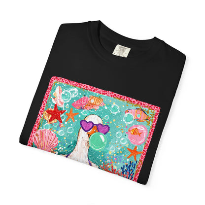 Sea Duck Mermaid T-Shirt — Whimsical Beach Graphic Tee with Sunglasses & Shell Bra