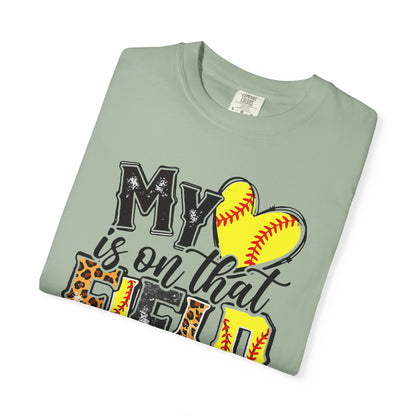 Softball Mom T-Shirt - "My Heart is on That Field" Leopard Stitch Design