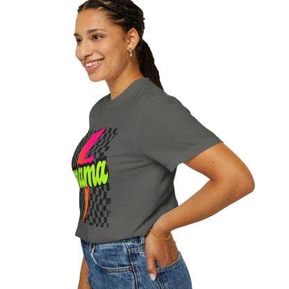 Mama Lightning Bolt T-Shirt — Retro Neon Checkered Graphic Tee for Moms