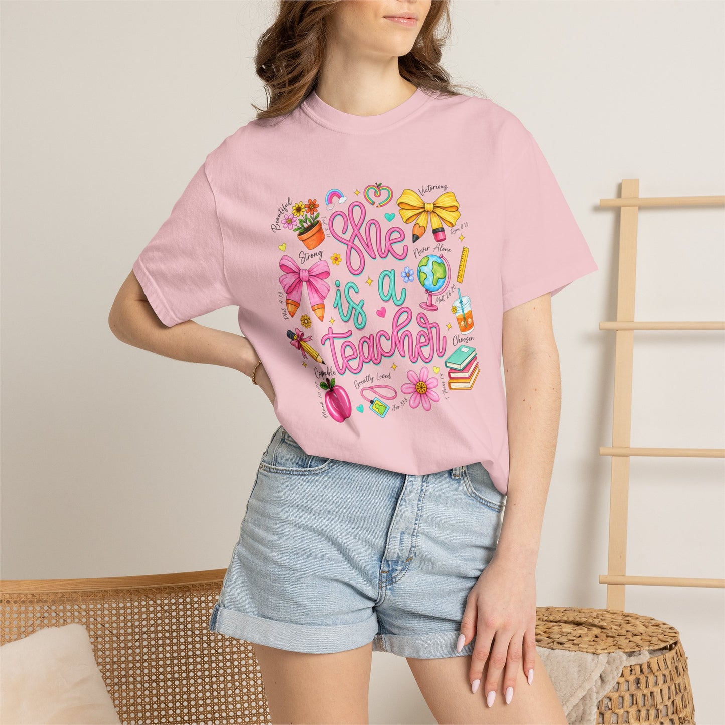Teacher T-Shirt — "She is a Teacher" Cute School Supplies Design