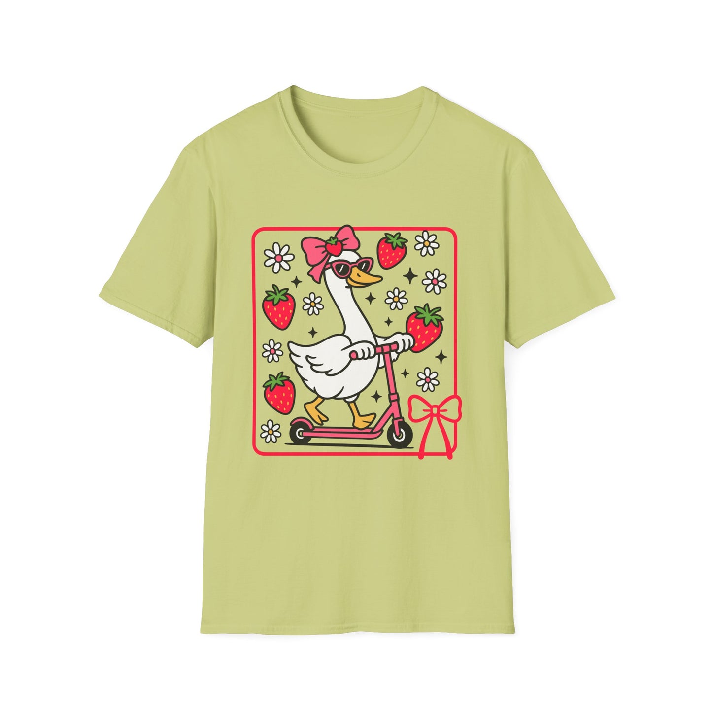 Cute Goose on Scooter T‑Shirt — Strawberry & Bow Graphic Tee
