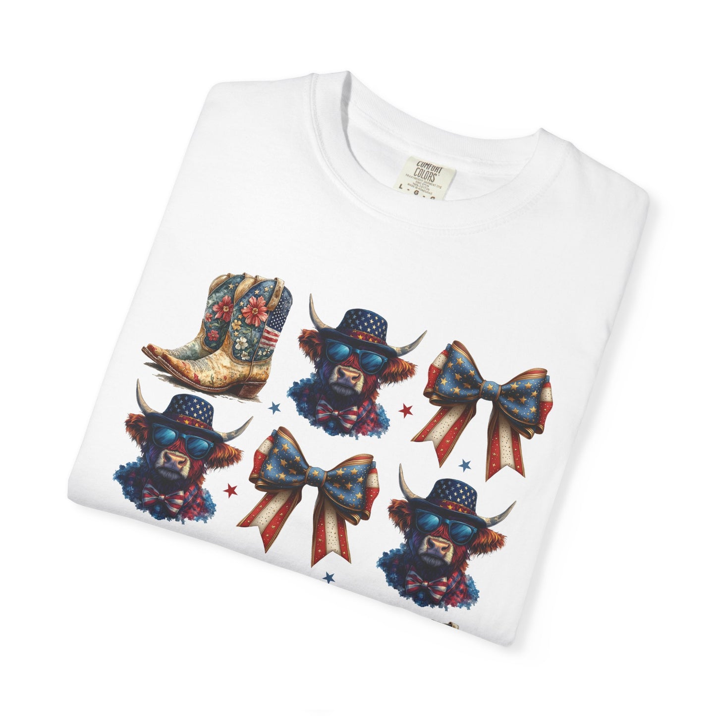 Patriotic Cowboy Icons T-Shirt — Western Boots, Hats & Bows Graphic Tee