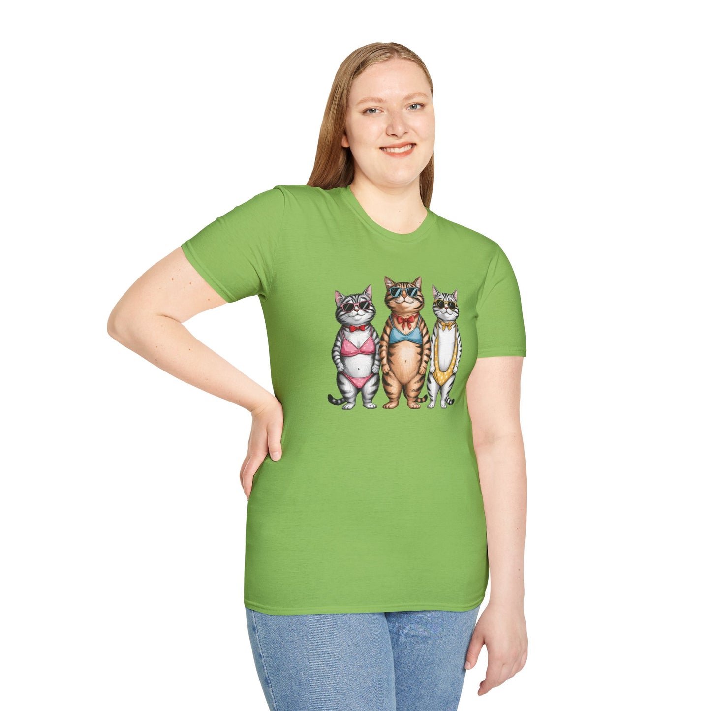 Funny Cats in Bathing Suits T-Shirt — Retro Trio Cat Beach Tee