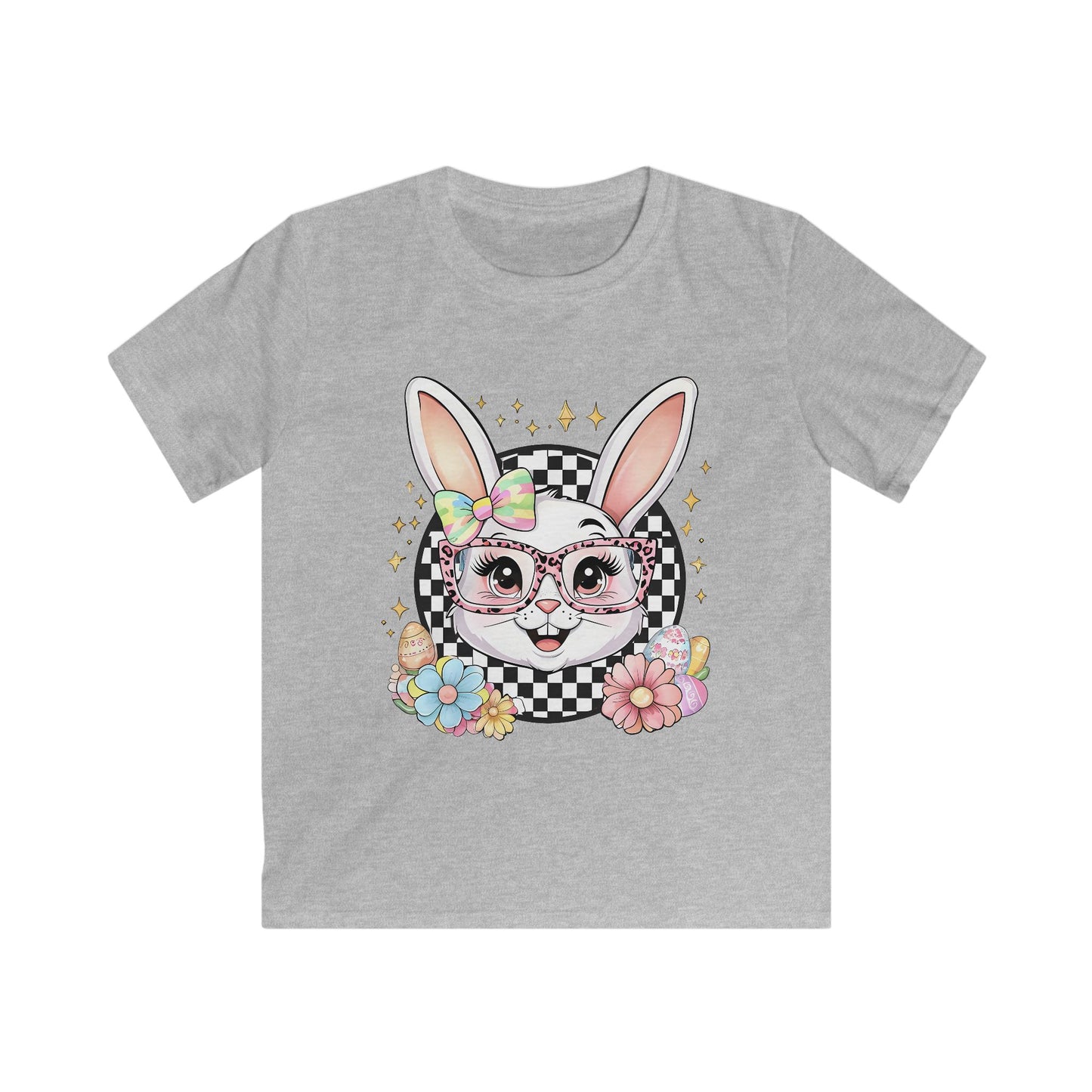 Kids Bunny Floral Tee — Cute Bunny with Glasses & Checkerboard Design