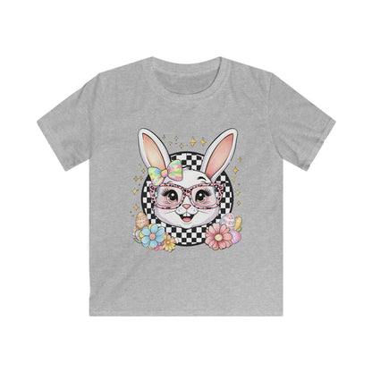 Kids Bunny Floral Tee — Cute Bunny with Glasses & Checkerboard Design