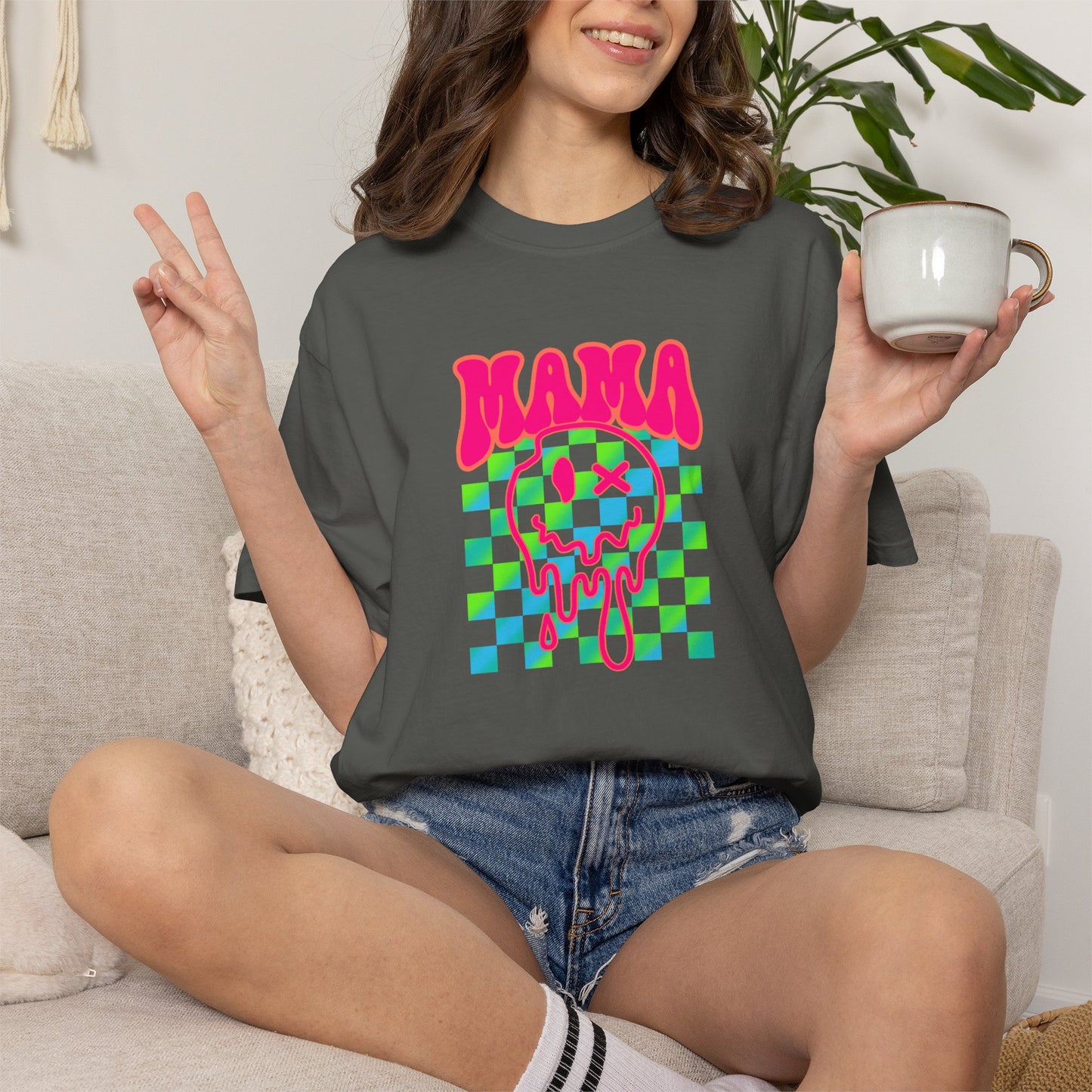 Mama Meltdown Graphic T-Shirt — Neon Checkerboard Drip Design