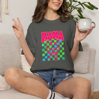 Mama Meltdown Graphic T-Shirt — Neon Checkerboard Drip Design