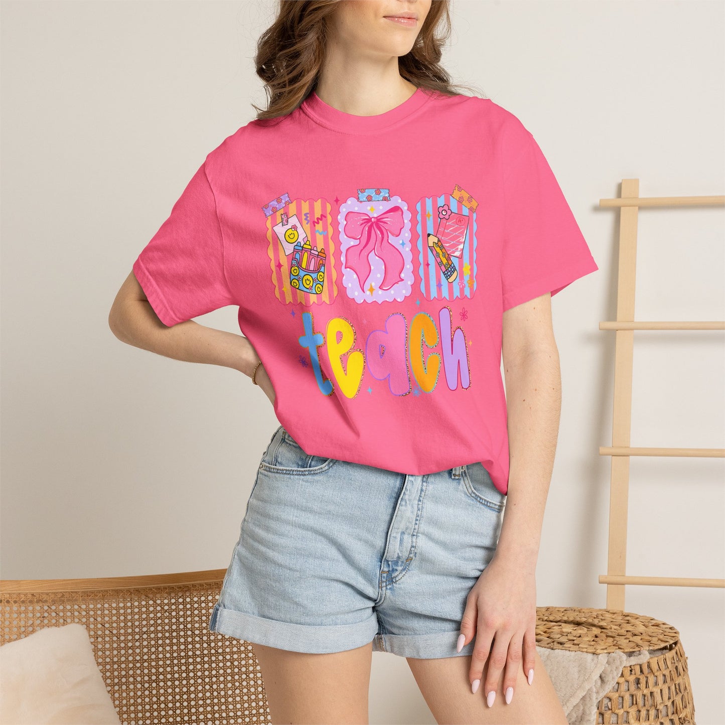 Teacher Gift T‑Shirt — Colorful 'Teach' Classroom Apple & Supplies Design