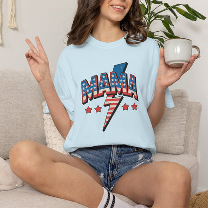 Mama Lightning Bolt Graphic Tee — Patriotic Stars & Stripes Mom T-Shirt