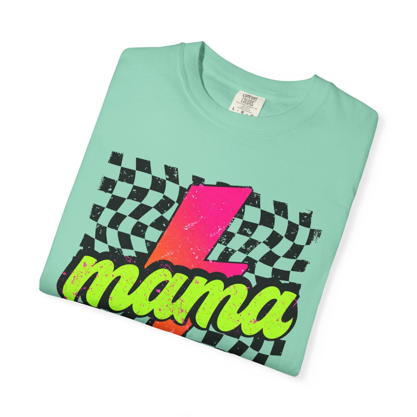 Mama Lightning Bolt T-Shirt — Retro Neon Checkered Graphic Tee for Moms