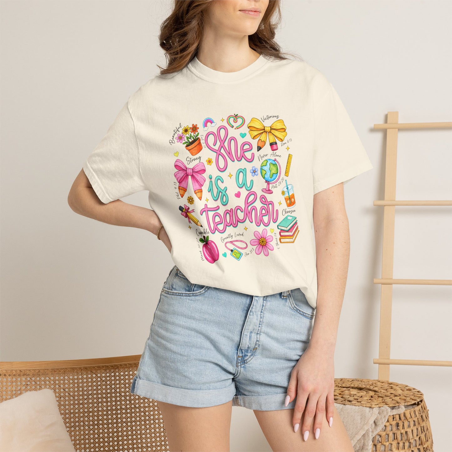 Teacher T-Shirt — "She is a Teacher" Cute School Supplies Design