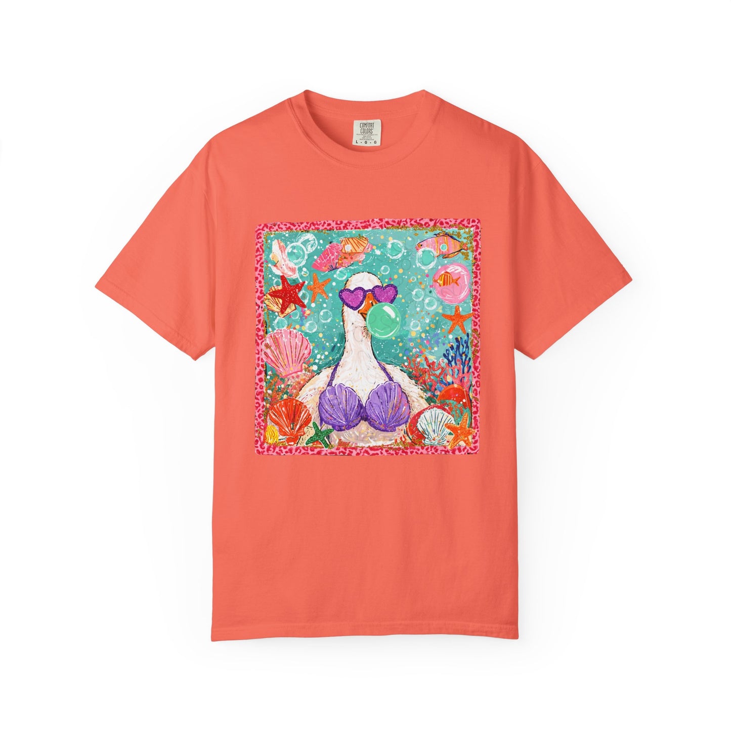 Sea Duck Mermaid T-Shirt — Whimsical Beach Graphic Tee with Sunglasses & Shell Bra