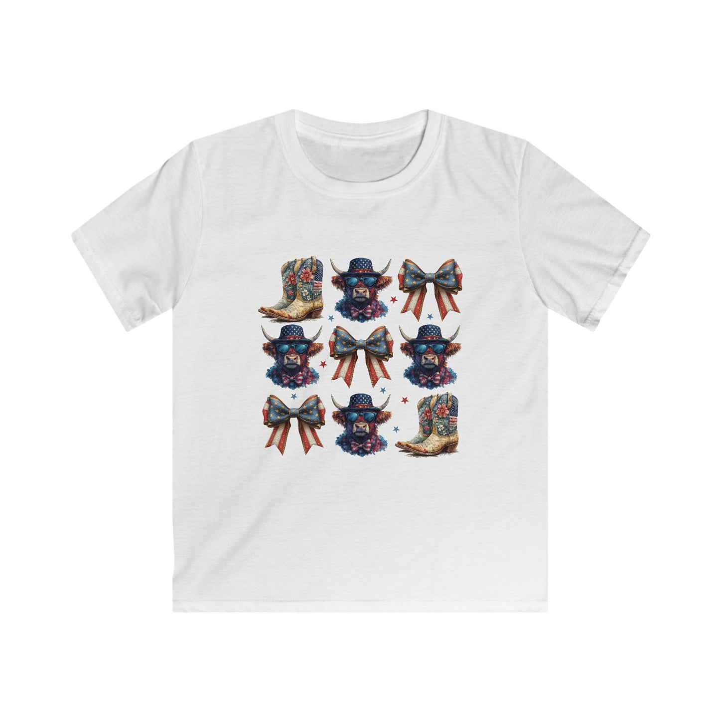 Kids Cowboy Boots & Bows Tee — Patriotic Western Graphic Tee for Girls