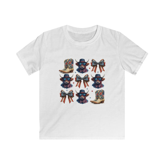 Kids Cowboy Boots & Bows Tee — Patriotic Western Graphic Tee for Girls