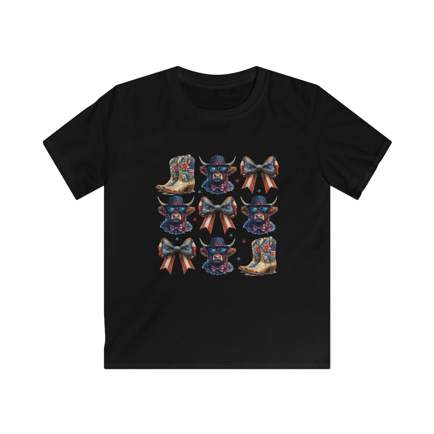 Kids Cowboy Boots & Bows Tee — Patriotic Western Graphic Tee for Girls