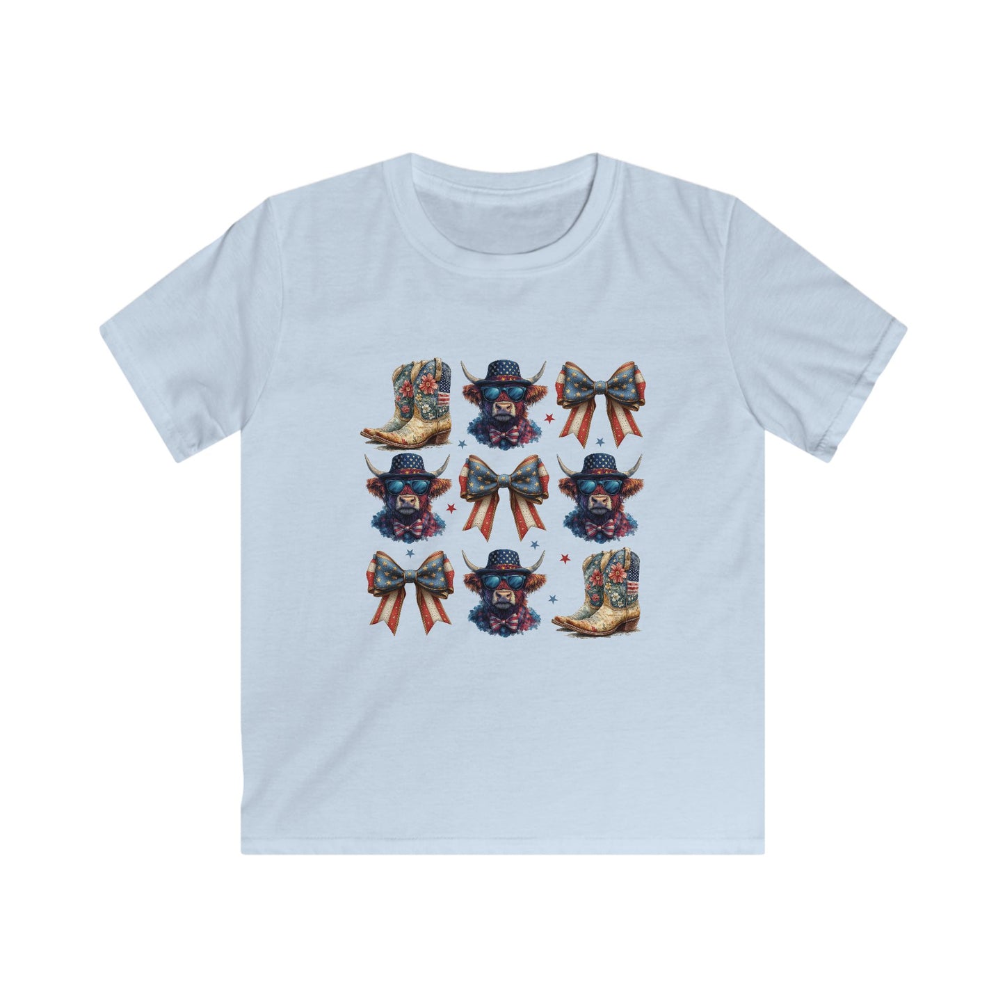 Kids Cowboy Boots & Bows Tee — Patriotic Western Graphic Tee for Girls