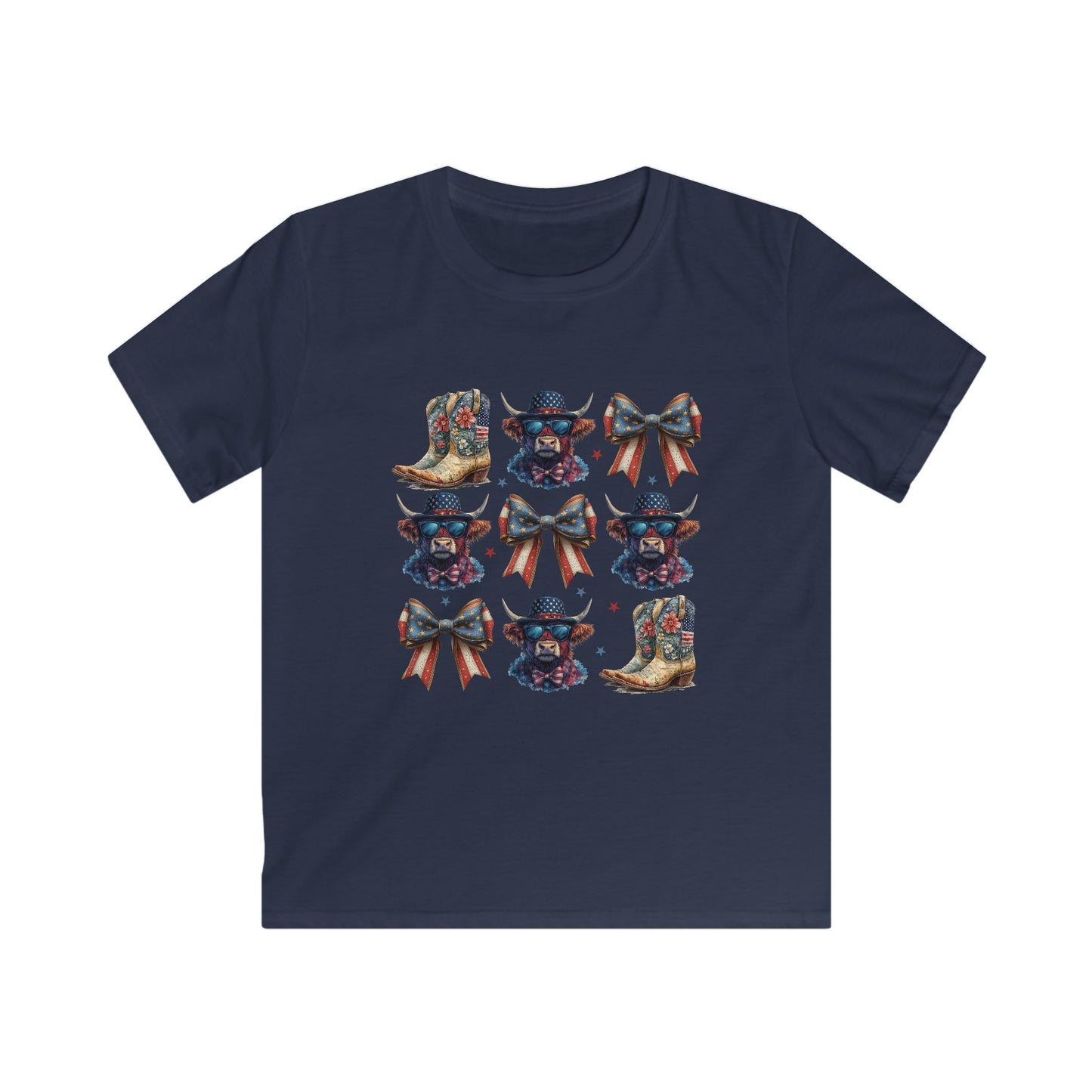 Kids Cowboy Boots & Bows Tee — Patriotic Western Graphic Tee for Girls