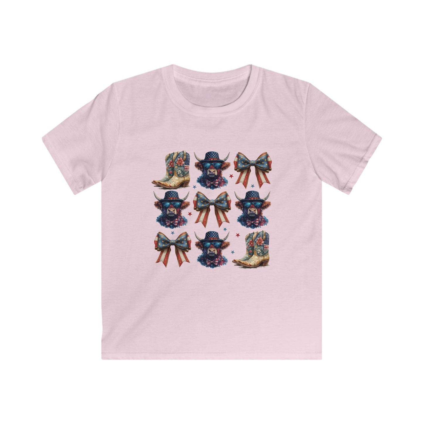 Kids Cowboy Boots & Bows Tee — Patriotic Western Graphic Tee for Girls