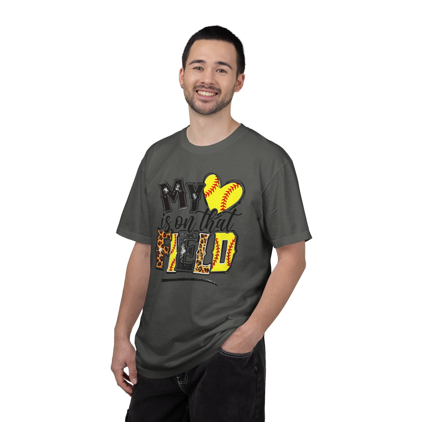 Softball Mom T-Shirt - "My Heart is on That Field" Leopard Stitch Design