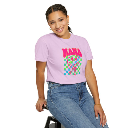 Mama Meltdown Graphic T-Shirt — Neon Checkerboard Drip Design