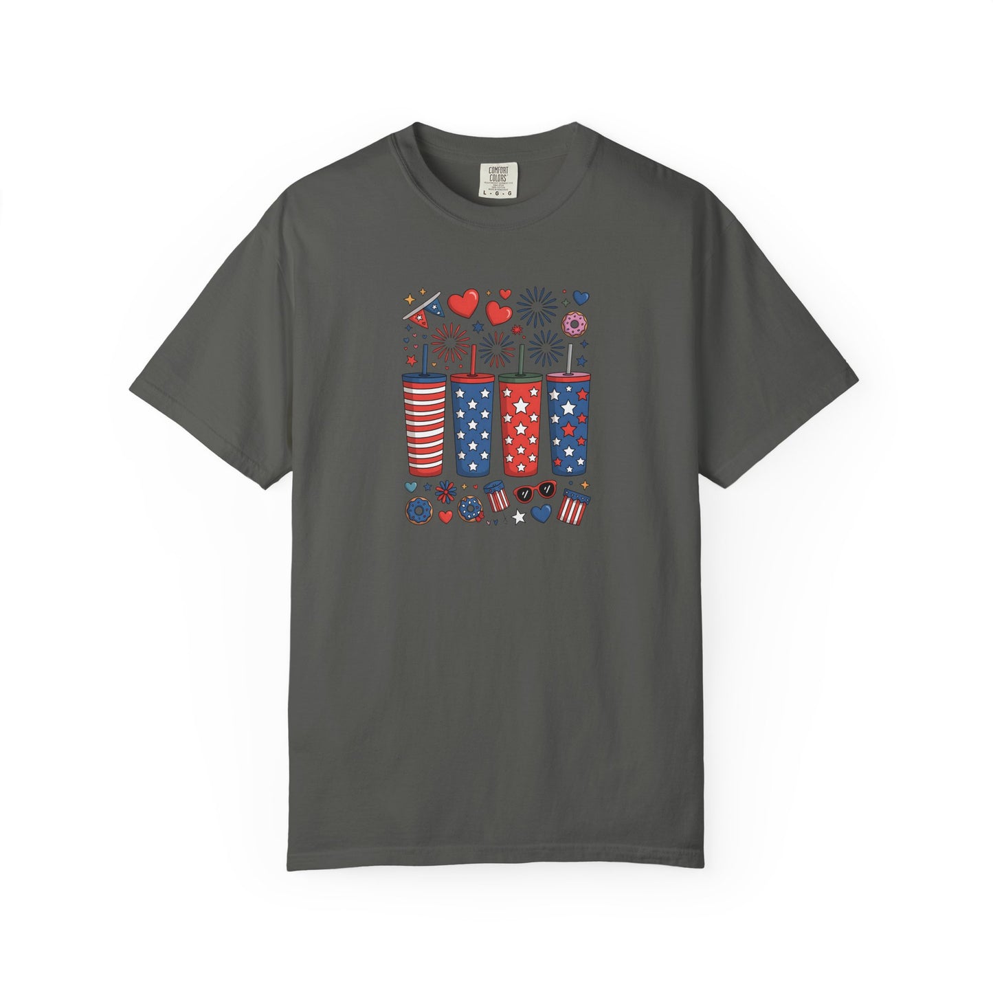 Patriotic Fireworks Cups T-Shirt — USA 4th of July Graphic Tee